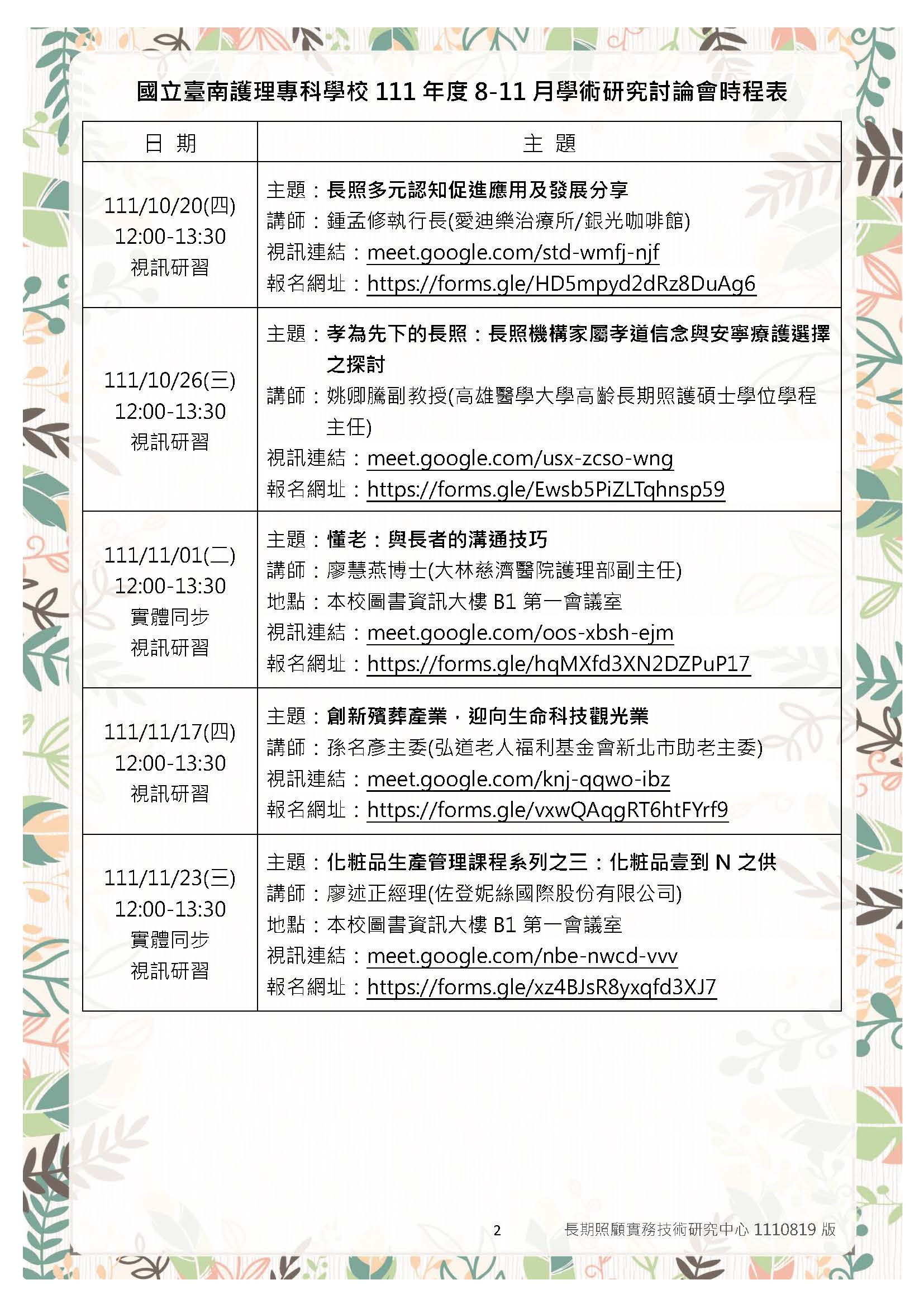 國立臺南護理專科學校 111年度8 11月學術研究討論會時程 學術研究討論會時程表 頁面 2
